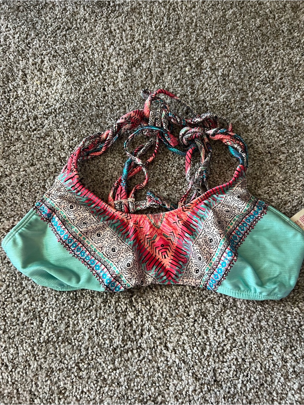 OP Turquoise and Coral Patterned Halter Bikini Top